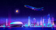 Night charter from city airport cartoon vector. Airliner taking off from runway, standing on ground near futuristic architecture terminal, metropolis skyscraper illuminating on background illustration