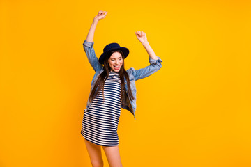 Sticker - Portrait of her she nice-looking fascinating charming smart attractive lovely cheerful cheery straight-haired lady having fun disco isolated over bright vivid shine yellow background