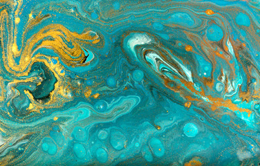  Blue and gold marbling pattern. Golden powder marble liquid texture.
