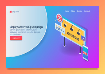 Isometric design, 3d style concept of display advertising, target media, mobile marketing web template with icons and text.