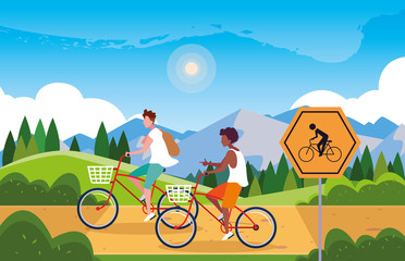 Sticker - couple riding bike in landscape with signage for cyclist