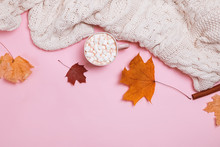 Autumn Composition With Knitted Sweater, Cocoa With Marshmallows And Yellow Leaves On Pink Background