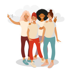 Teenage girl friends taking a selfie on camera phone. A group of four girls of different nationalities photograph selfies in casual clothes. Vector illustration in flat cartoon style.