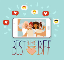 Selfie Group Of Friends Of Girls On The Screen Of The Smartphone. Phrase Best Friends. Like And Smilies In Bubbles. Vector Illustration In Flat Cartoon Style.