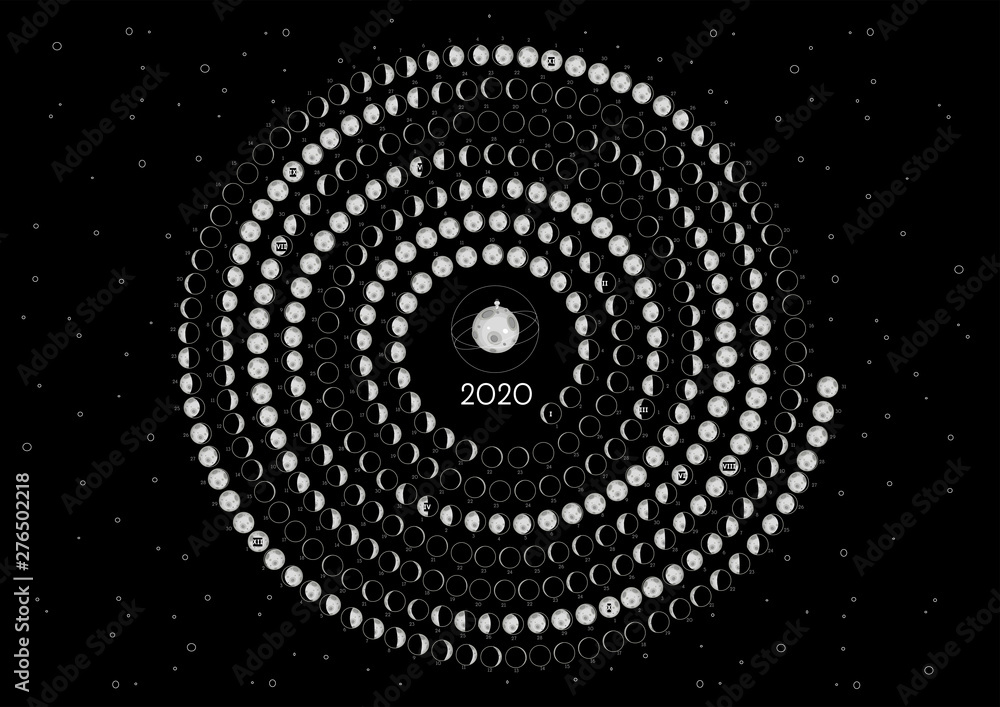 Moon Calendar 2020 Southern Hemisphere Black Rounded - obrazy, fototapety, plakaty 