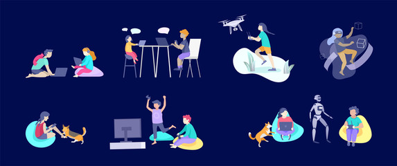 Set of Happy school children performing various activities or hobbies, playing games on computer or console, programming, launching drone, wearing VR headset. Flat cartoon vector illustration