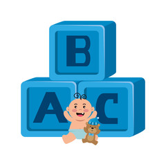 Sticker - alphabet blocks toys with baby boy and bear teddy