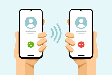 Wall Mural - Smartphone mockup in human hand. Accept and decline the phone call. Call from phone to phone. Vector colorful technology illustration