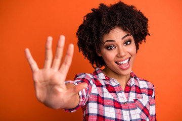 Poster - Close-up portrait of her she nice attractive lovely cute cheerful cheery optimistic wavy-haired lady giving 5 best offer done isolated over bright vivid shine orange background