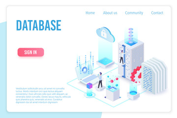 database landing page isometric vector template. internet of things, data server storage 3d web bann