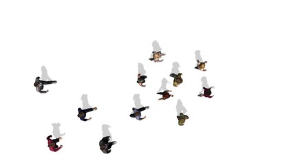 several single people is walking in one direction - top view - isolated on white background