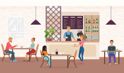 Wall Mural - People in cafe flat vector illustration. Girlfriends meeting in restaurant, eating cake. Couple sitting at table, talking and drinking tea. Man working, coffee shop barista standing at counter