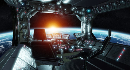 Poster - Spaceship grunge interior control room with view on space 3D rendering elements of this image furnished by NASA