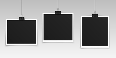 Wall Mural - vector photo frame set, mockup design. photo frame hanging on a clip isolated on transparent backgro