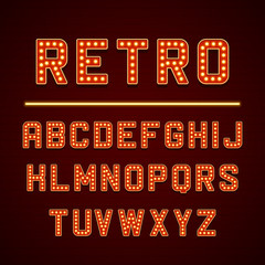 Vector design retro signboard alphabet letters with light bulbs lamps vector illustration