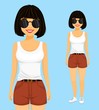 © Denis - Young attractive girl in sunglasses. The brunette is dressed in a t-shirt and shorts. In full growth and portrait. Flat style on blue background. Cartoon.