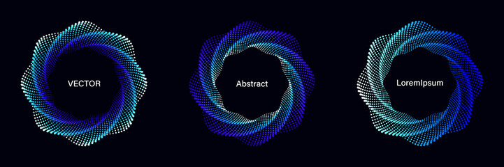Wall Mural - Set of Spiral Dotted Graphic Elements in Blue Tones. Geometric Vector Frames on Black Background.