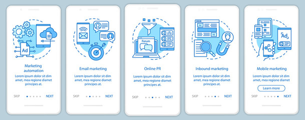 Wall Mural - digital marketing tactics blue onboarding mobile app page screen vector template. advertising campai