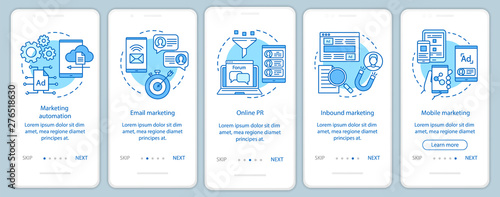 Fotografía Digital marketing tactics blue onboarding mobile app page screen vector template