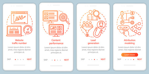 Digital marketing benefits orange onboarding mobile app page screen vector template. Walkthrough website steps with linear illustrations. UX, UI, GUI smartphone interface concept