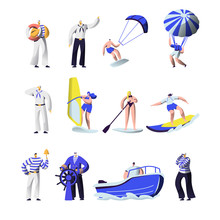 Summer Time Extreme Sports And Sea Professions Set. Ship Crew Uniform, Captain, Sailors, Surfing, Sup Board, Paragliding, Motor Boat Riding, Sailing, Vacation, Leisure Cartoon Flat Vector Illustration