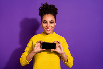 Poster - Portrait of her she nice attractive charming cheerful cheery content wavy-haired girl holding in hands device hobby smm post blog isolated over bright vivid shine violet background