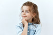  Thoughtful, thinking emotion concept. Little child girl face portrait on white backgound.