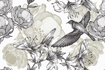  Flying bird on a floral background of lilies and roses. Seamless pattern, vector illustration.
