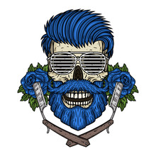 Barber Skull. Hipster Skull With Barber Blade, Roses And Sunglasses. Illustration For Barbershop.