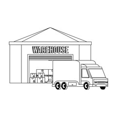 Sticker - Warehouse storage building with merchandise in black and white