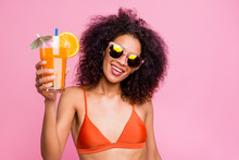 Close Up Photo Beautiful She Her Dark Skin Excited Model Lady Raise Non Sweet Diet Beverage Straw Toothy Beaming Smile Cafe Bar Say Toast Wear Sun Specs Swimming Orange Suit Isolated Pink Background