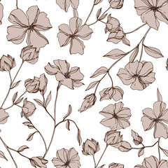 Wall Mural - Vector Flax floral botanical flowers. Gray engraved ink art. Seamless background pattern.