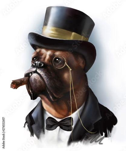 Fotomural Digital portrait of a red dog breed boxer in the image of a rich millionaire aristocrat, dressed in a tuxedo and cylinder hat isolated on white