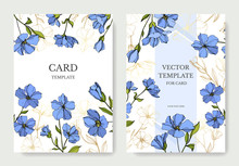 Vector Flax Botanical Flowers. Blue And Green Engraved Ink Art. Wedding Background Card Floral Decorative Border.