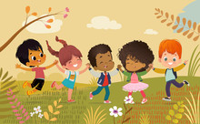 Multicultural Boys And Girls Holding Hands And Happily Jump. Kids Play Outdors. Colorful Flowers And Trees At The Background