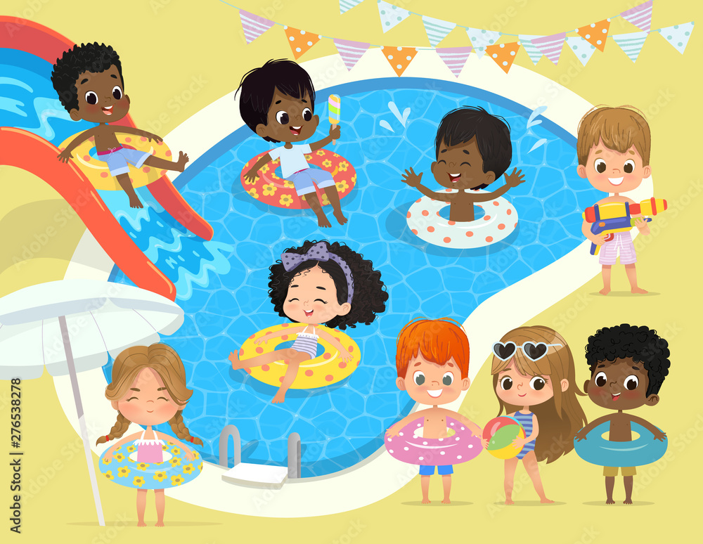 Pool party Kids. Multiracial children have fun in pool. Little Girl in ...