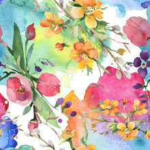 Bouquet Floral Botanical Flowers. Watercolor Background Illustration Set. Seamless Background Pattern.