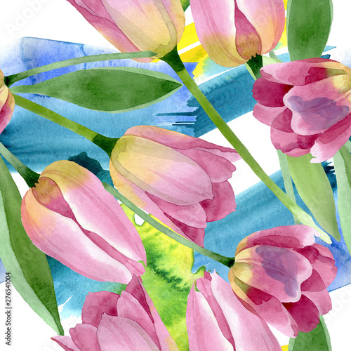 Pink tulips floral botanical flowers. Watercolor background illustration set....