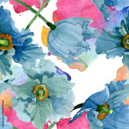 Blue poppy floral botanical flowers. Watercolor background illustration set. ...
