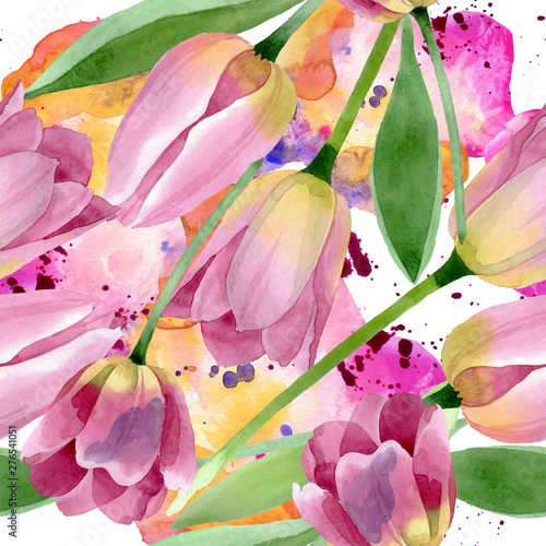 Pink tulips floral botanical flowers. Watercolor background illustration set....