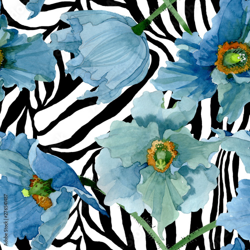 Blue poppy floral botanical flowers. Watercolor background illustration set. ...