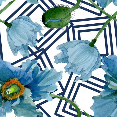 Blue poppy floral botanical flowers. Watercolor background illustration set. ...