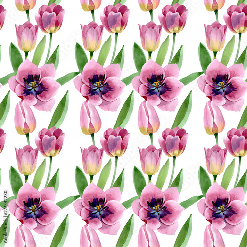 Pink tulips floral botanical flowers. Watercolor background illustration set....