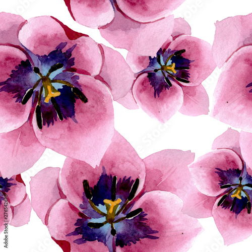 Pink tulips floral botanical flowers. Watercolor background illustration set....