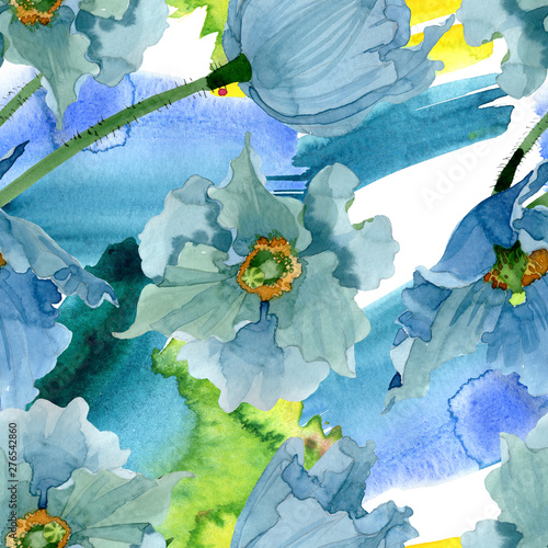 Blue poppy floral botanical flowers. Watercolor background illustration set. ...