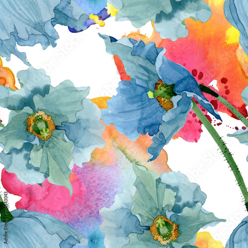 Blue poppy floral botanical flowers. Watercolor background illustration set. ...