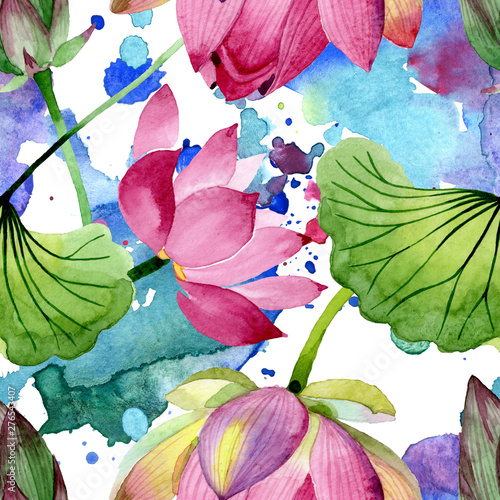 Pink lotus floral botanical flowers. Watercolor background illustration set. ...