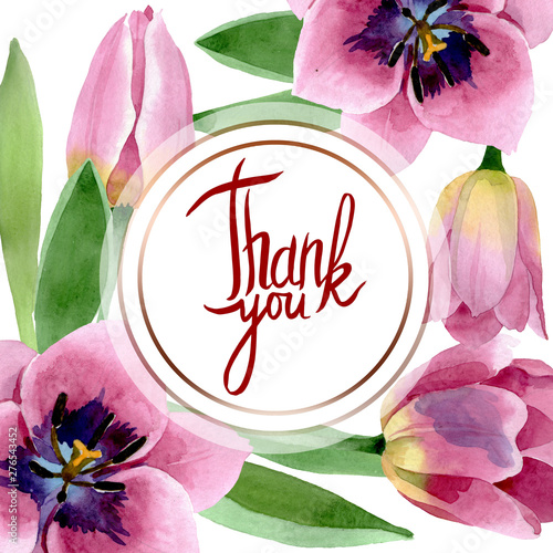 Pink tulips floral botanical flowers. Watercolor background illustration set....