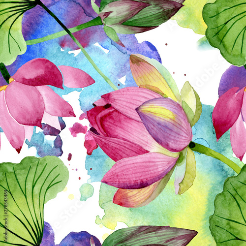 Pink lotus floral botanical flowers. Watercolor background illustration set. ...