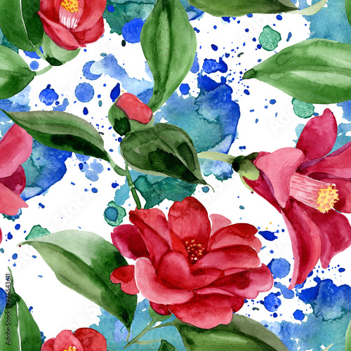 Red camelia floral botanical flower. Watercolor background illustration set. ...